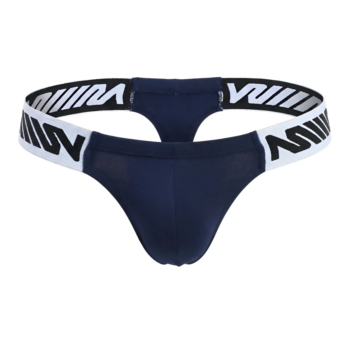 Navy blue MetroMaleWear Puente thong with white elastic waistband featuring bold black w logos front view