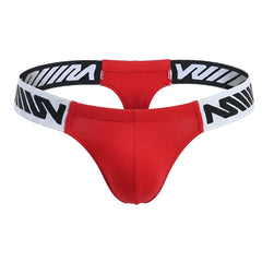 Red thong with black and white striped waistband featuring bold stylized lettering by metromalewear puente thong