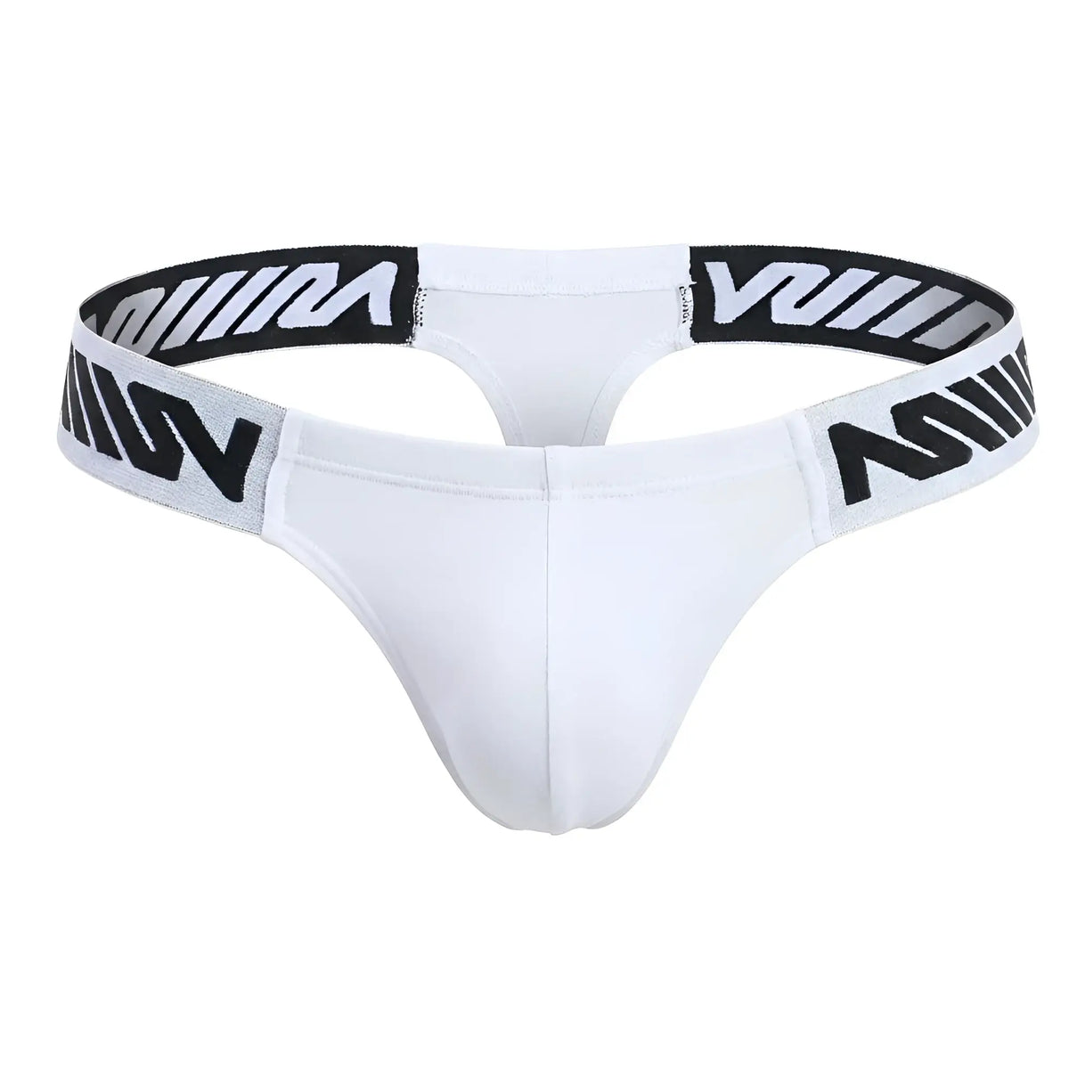 White Puente thong with black and white patterned elastic waistband by MetroMaleWear in soft PU material