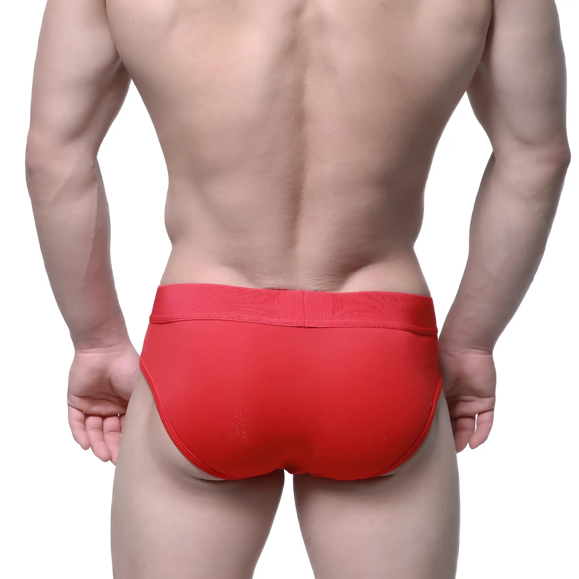 Red metro male wear pouch hip brief with snug elastic waistband designed for athletic support and comfort