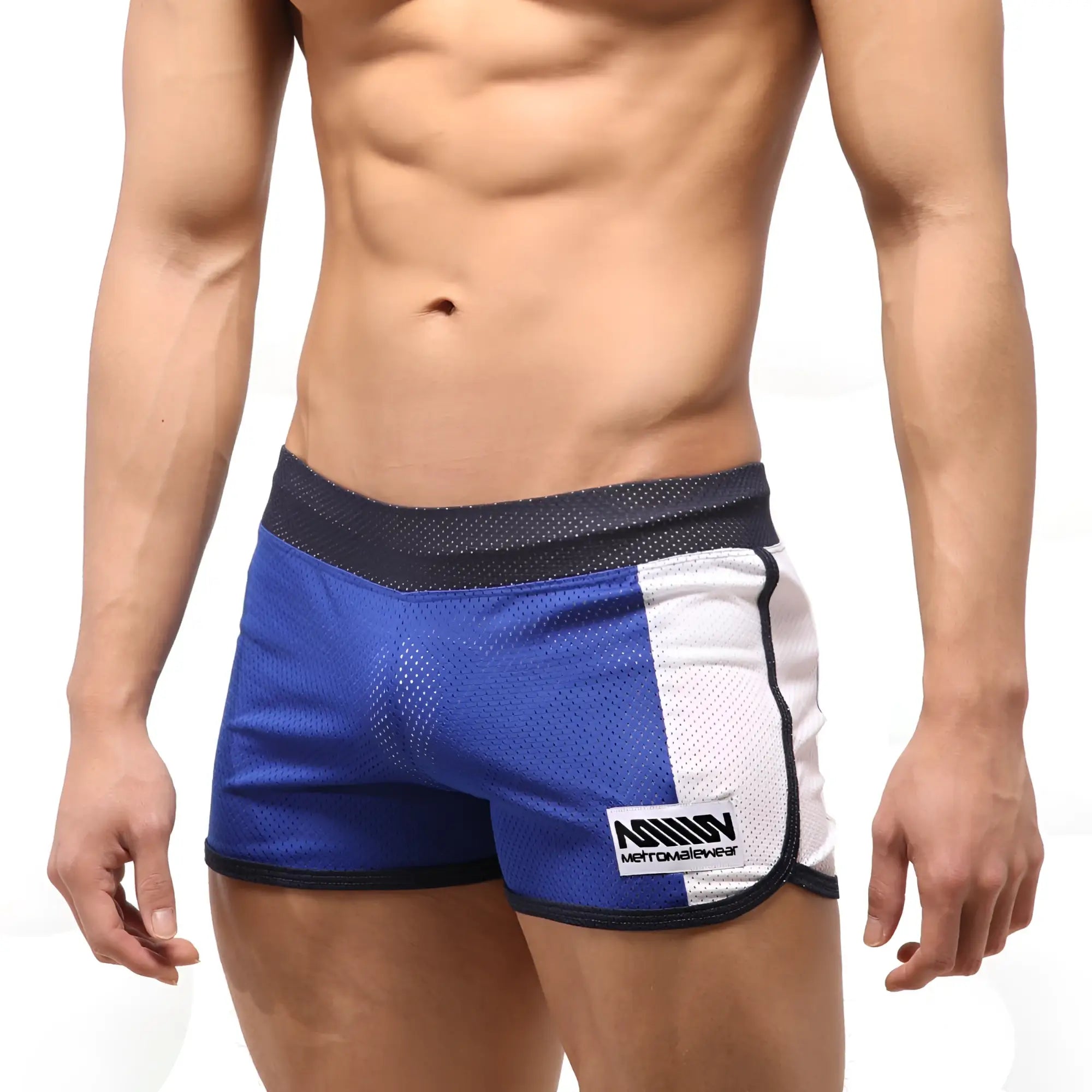 Blue and white mesh athletic shorts with black trim and metro male wear branded patch on the side