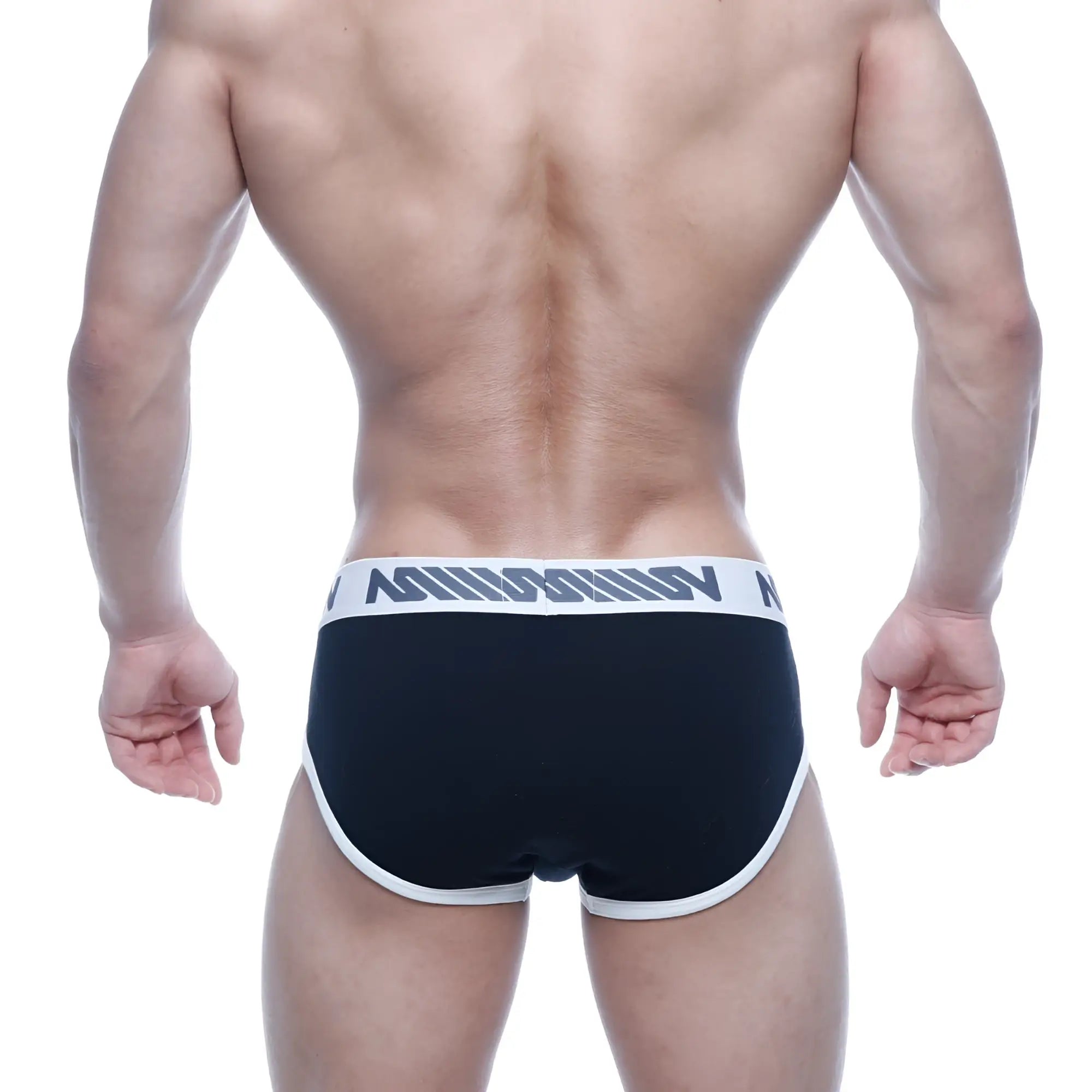 MetroMaleWear Punto Hip Brief black with white trim and a gray logo band designed for comfortable daily wear