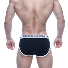 MetroMaleWear Punto Hip Brief black with white trim and a gray logo band designed for comfortable daily wear