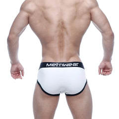 White men’s briefs metro male wear punto hip brief with black trim and logo waistband in white 5013-00