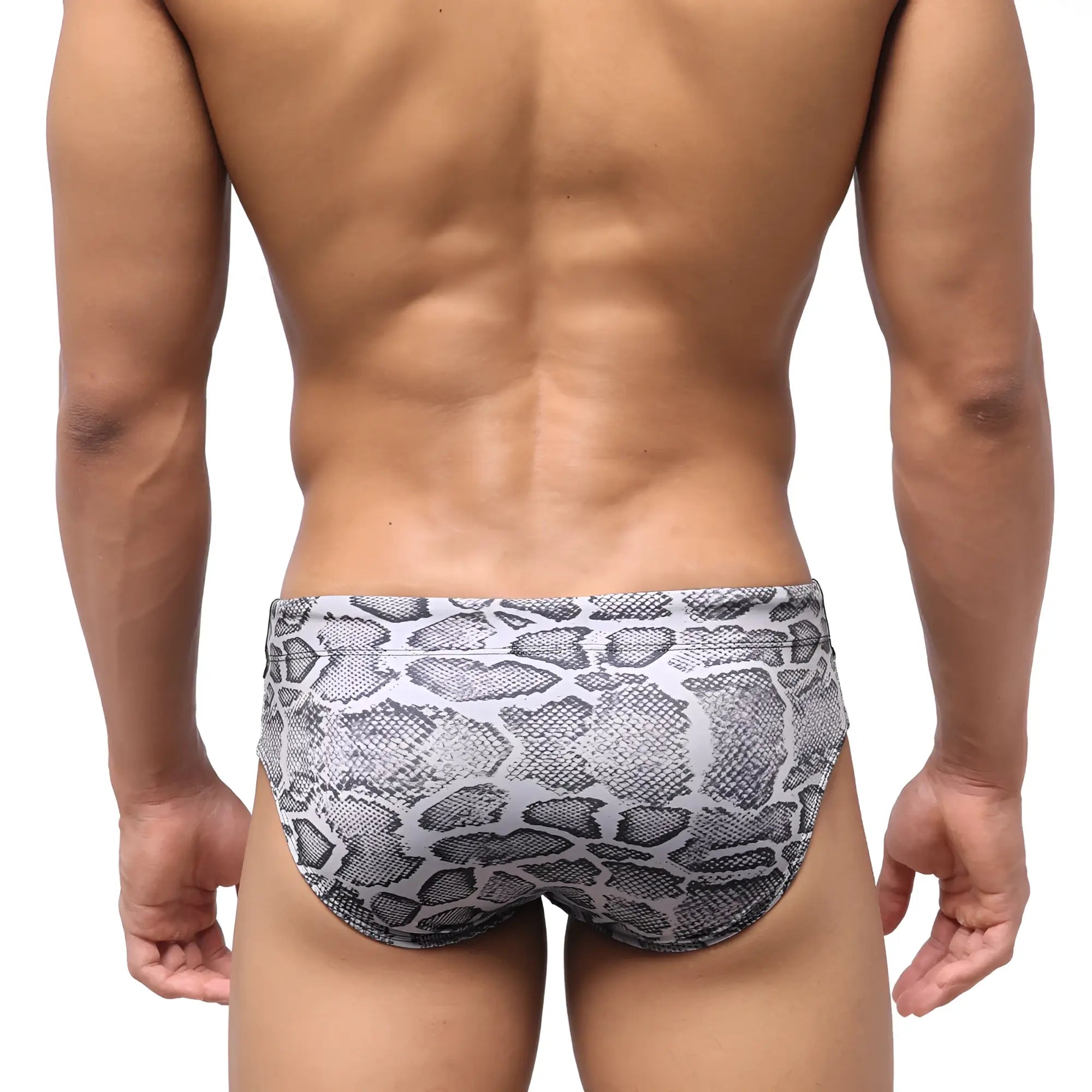 MetroMaleWear python swim brief grey with gray and black snake scale pattern designed for stylish swimwear use