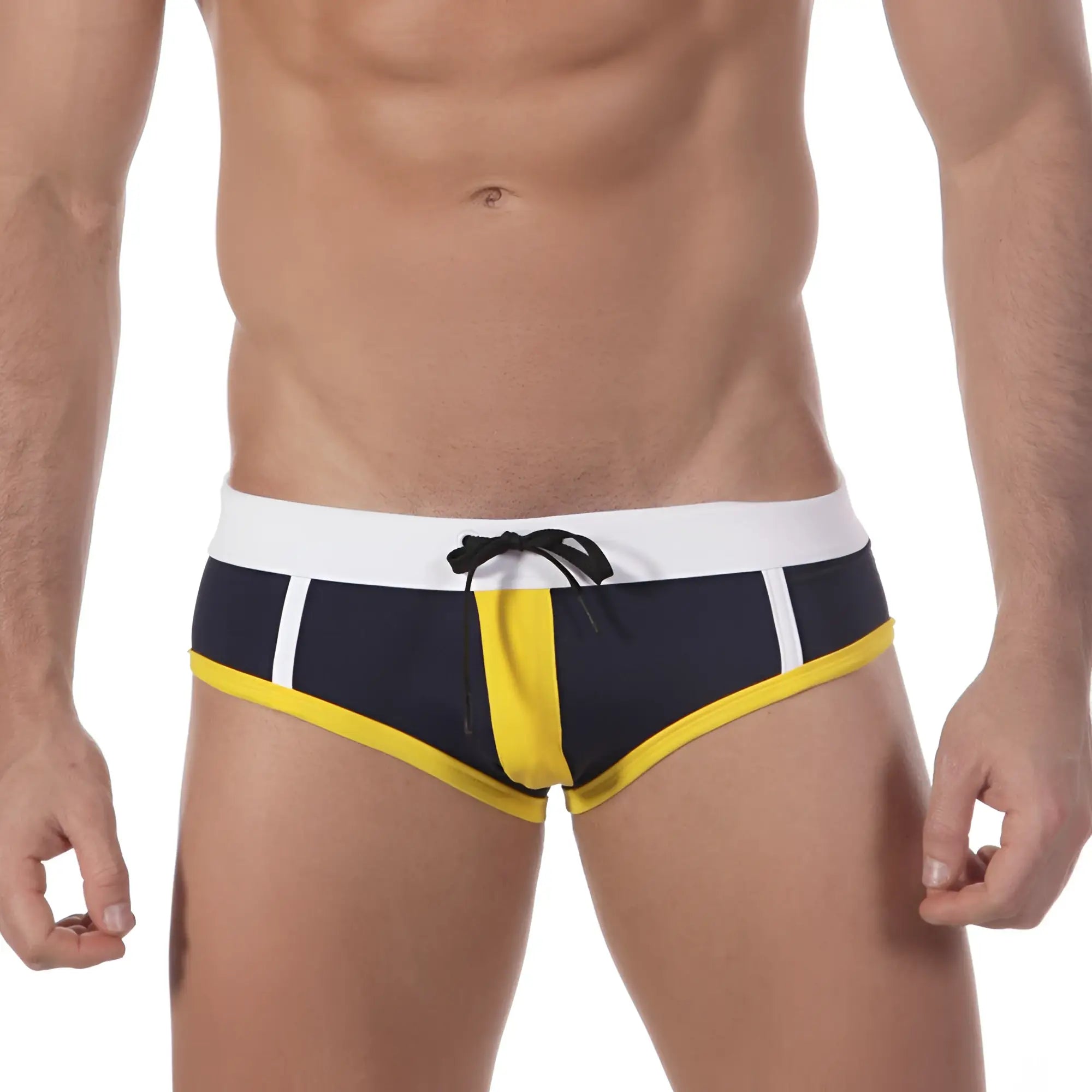 MetroMaleWear Quantum swim brief 4916-82 navy blue and yellow with white trim and black drawstring waistband