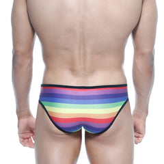 MetroMaleWear rainbow bikini 6105-04 rainbow-striped men’s briefs with black trim for vibrant everyday wear