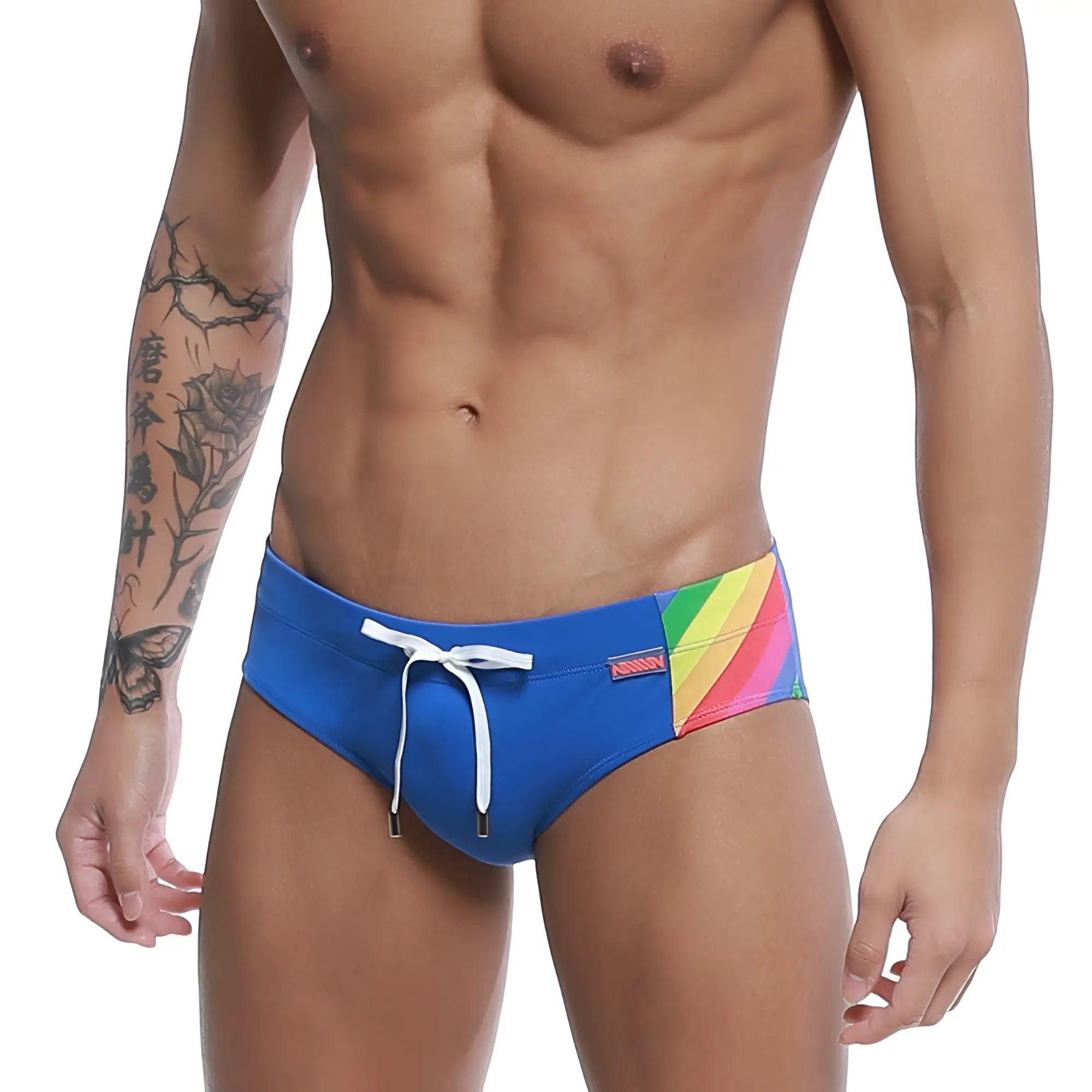 Blue MetroMaleWear rainbow swim brief royal 4914-07 with diagonal rainbow stripes and white drawstring for swimming