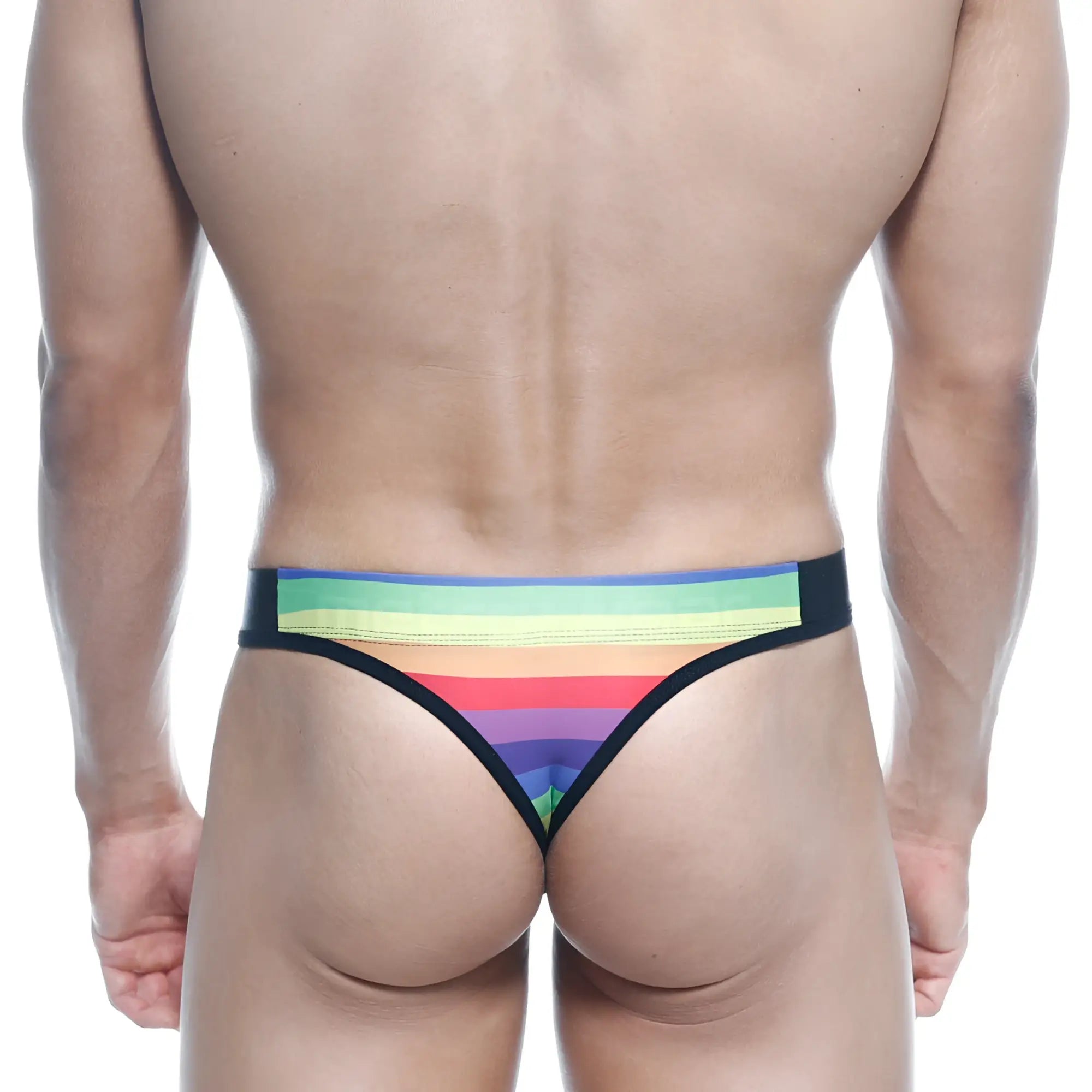 MetroMaleWear rainbow thong 2502-04 with rainbow stripes and black trim shown from the back side