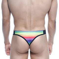 MetroMaleWear rainbow thong 2502-04 with rainbow stripes and black trim shown from the back side