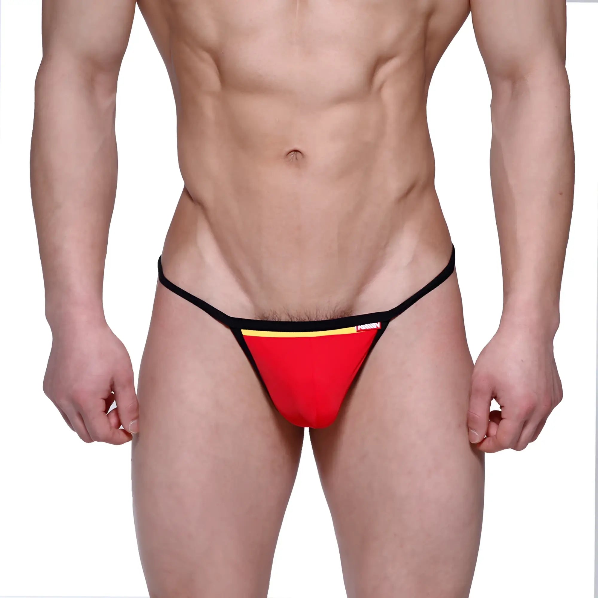 Red and black metro male wear reef string thong with yellow stripe across waistband showing front side