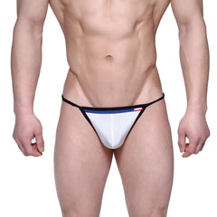 MetroMaleWear Reef string white thong with black trim and blue waistband stripe featuring small red logo on side