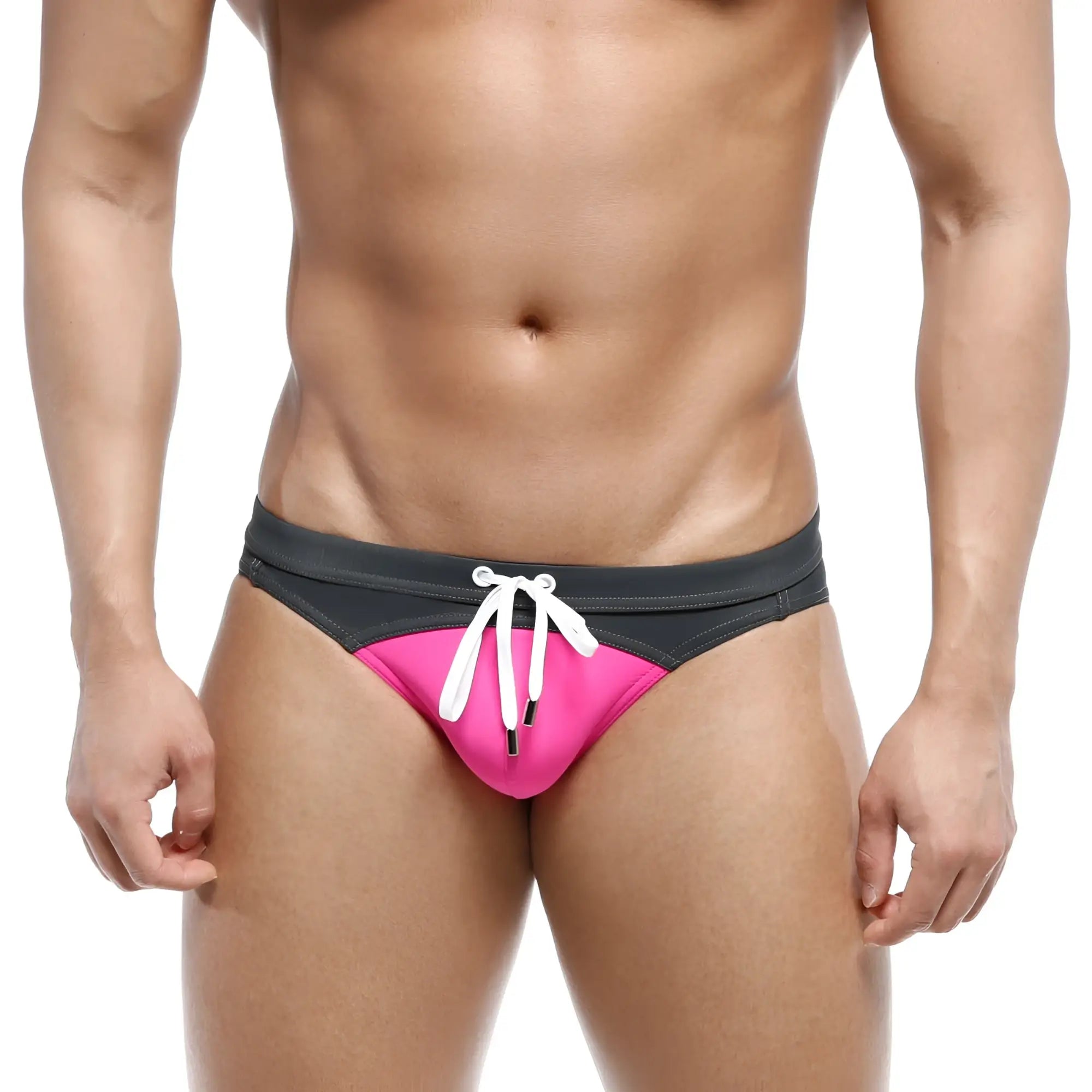 MetroMaleWear Resort swim brief in bright pink and black with white drawstrings ideal for beach and pool use