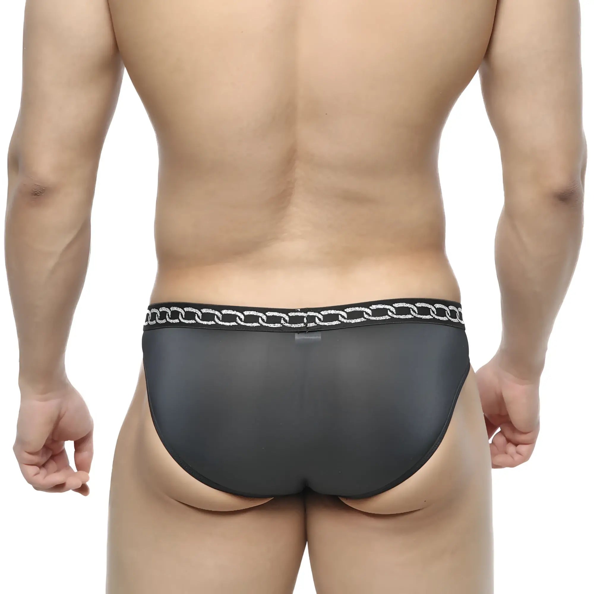 MetroMaleWear Rhapsody bikini black mesh briefs with silver chain-link trim along the waistband