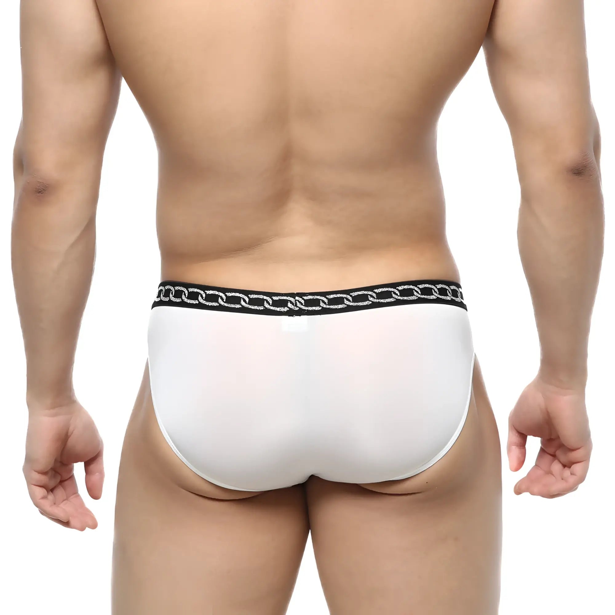 MetroMalewear rhapsody bikini white mens briefs with black waistband and silver chain pattern for stylish comfort