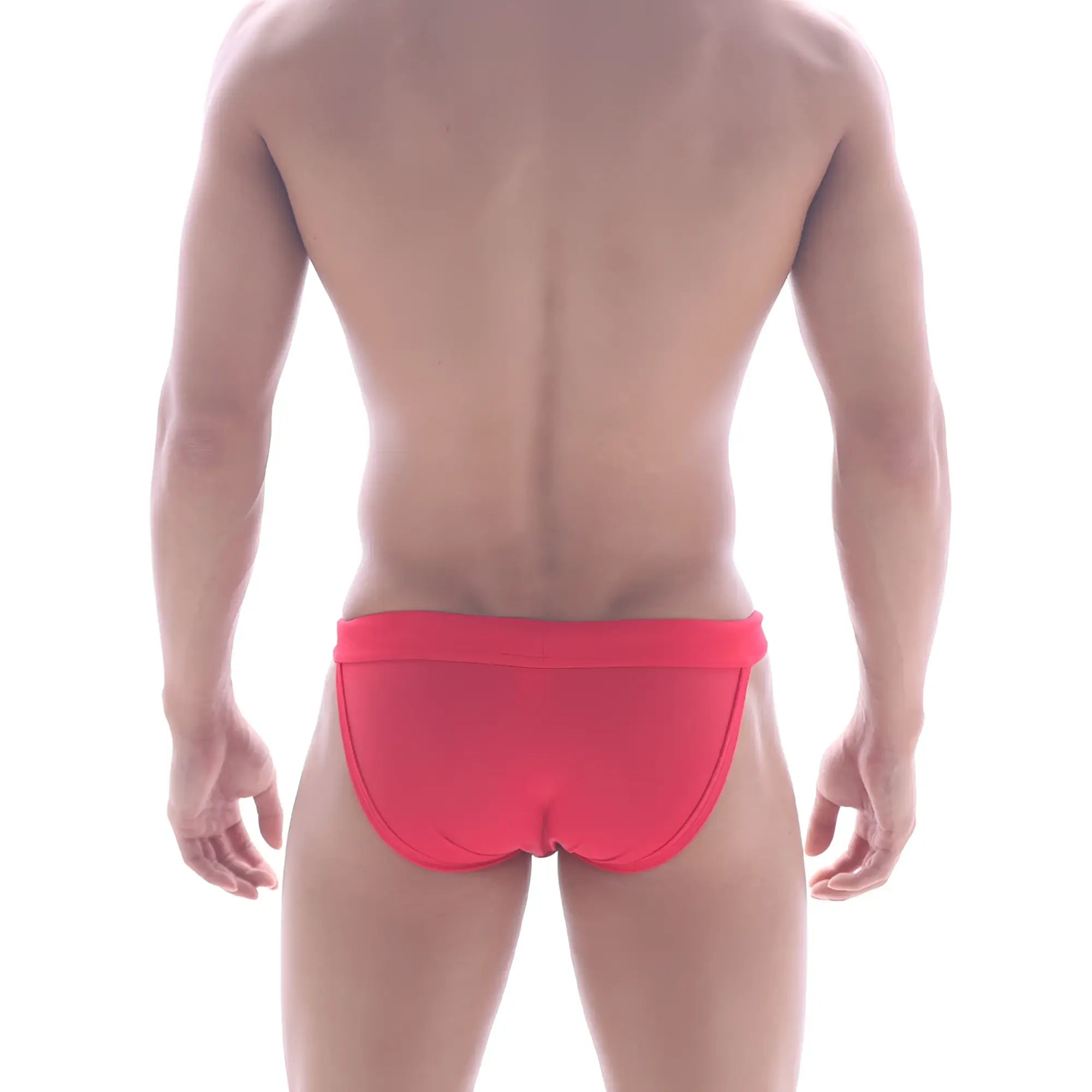 Bright red form-fitting swim bikini by MetroMaleWear with smooth fabric and contoured design for swimming use