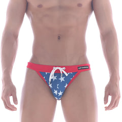 MetroMaleWear Rio swim bikini America 4949-91 red and blue star-patterned swim trunks with white drawstring