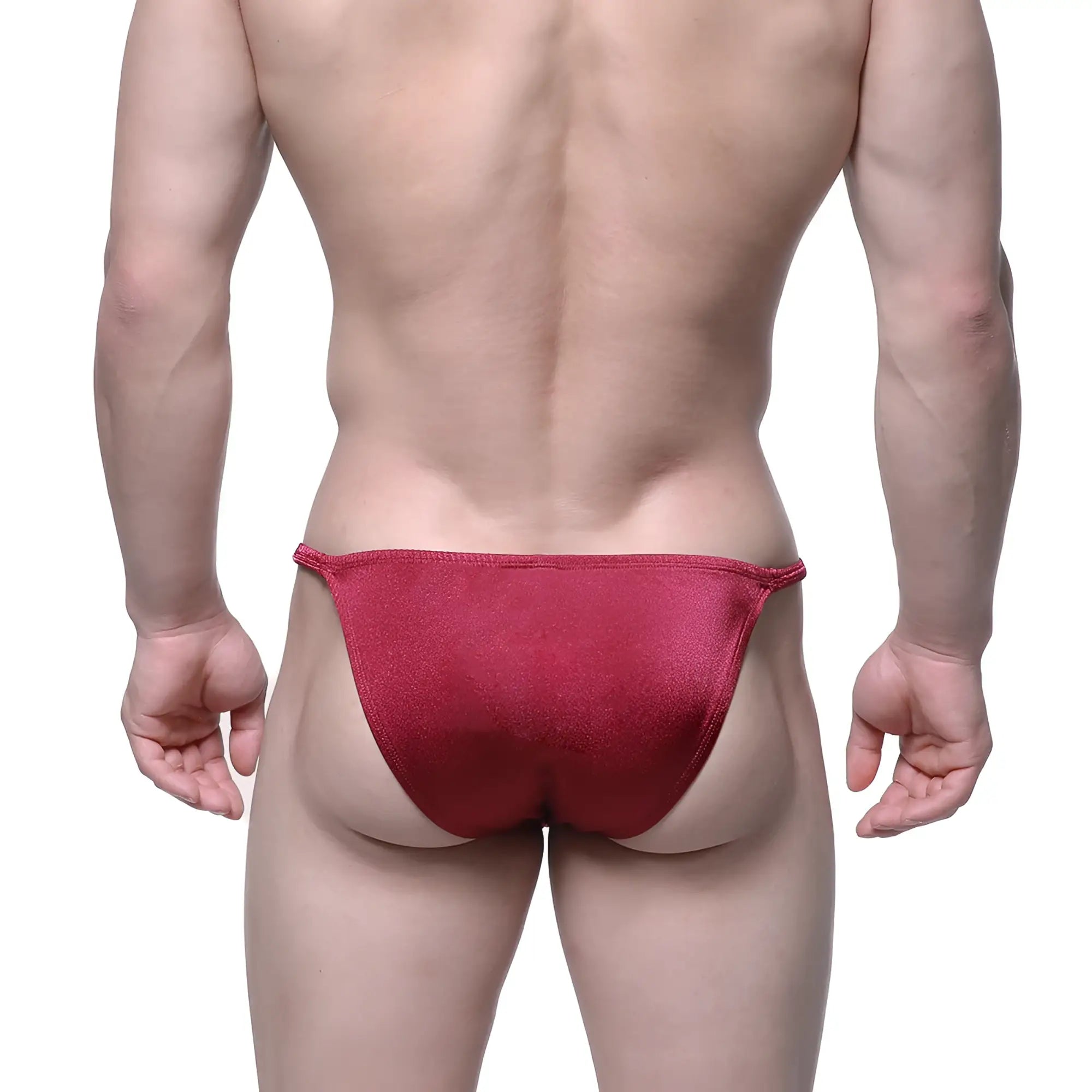 MetroMaleWear romantic bikini briefs in burgundy red metallic fabric featuring a sleek and shiny finish