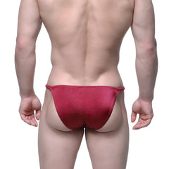 MetroMaleWear romantic bikini briefs in burgundy red metallic fabric featuring a sleek and shiny finish