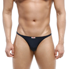 Black men’s navy thong with small red and white MetroMaleWear brand tag at front for romantic wear
