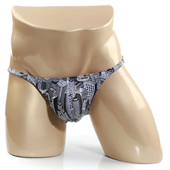 Metro male wear romantic bikini skyscraper 6008-48 black and white cityscape patterned men’s briefs on mannequin