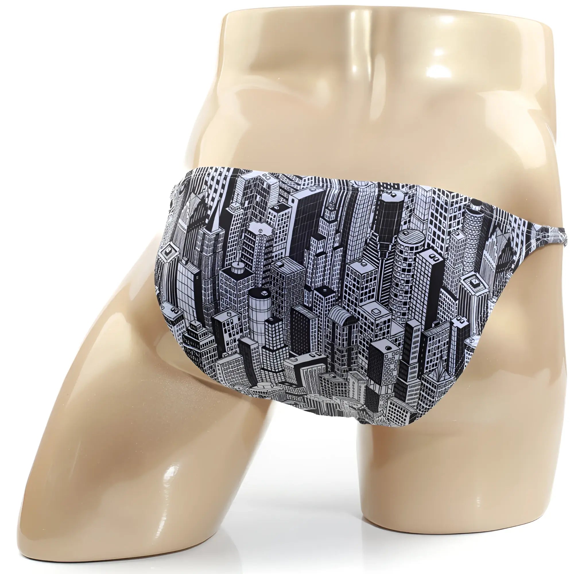 MetroMaleWear romantic bikini skyscraper swim trunks with black and white illustrated cityscape pattern