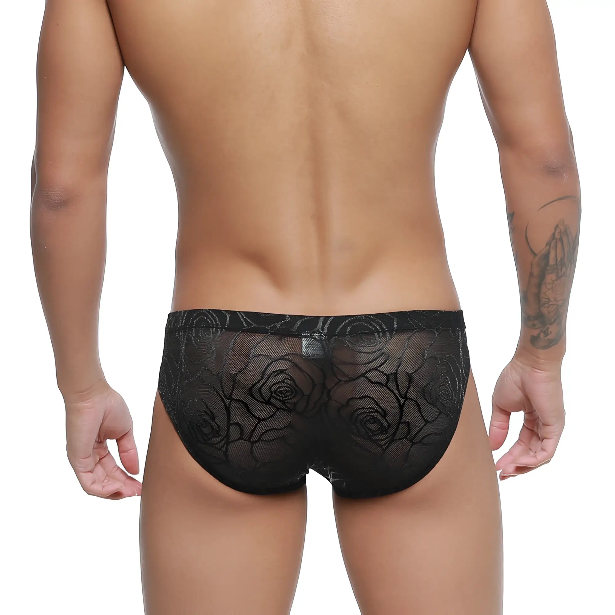 MetroMalewear rosa bikini 5103-M31 black lace briefs with intricate rose pattern front view