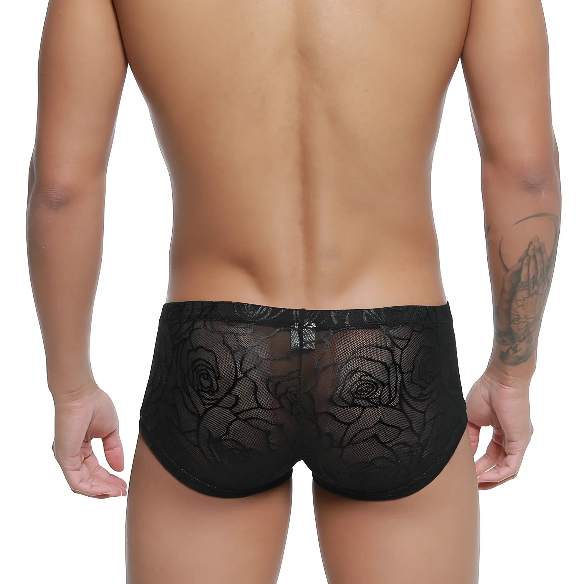 Black lace briefs with intricate rose pattern by metromalewear rosa trunk 2125-31 showcasing front view