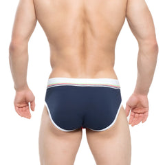 Navy blue MetroMaleWear Rudolf Brief 5203-29 briefs with white trim and rainbow stripe waistband for comfortable wear