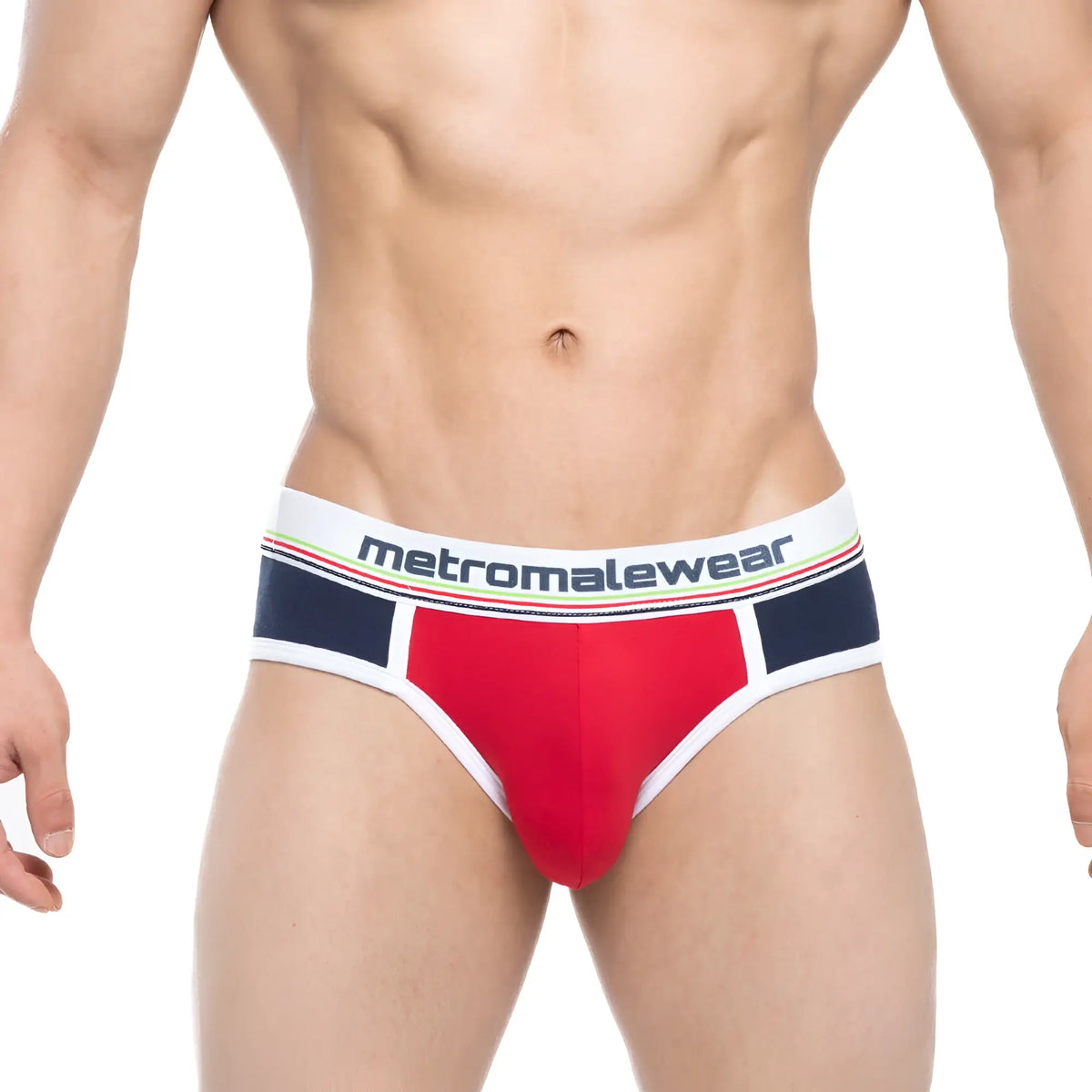 Red and navy blue metro malewear rudolf brief 5203-29 with white waistband and logo for comfortable daily wear