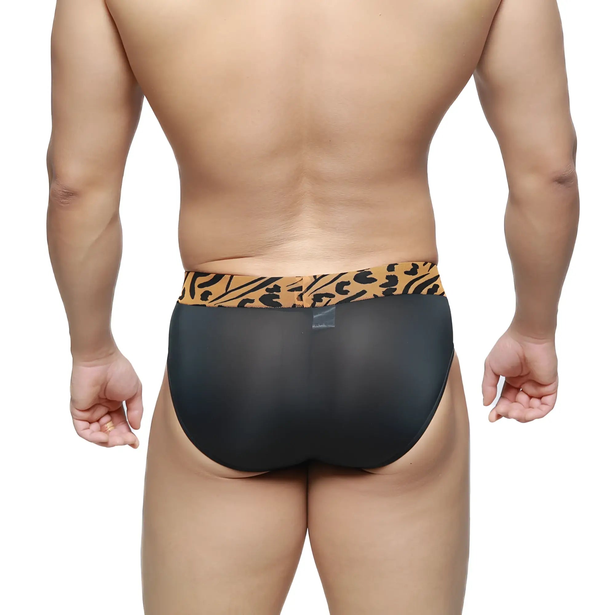 MetroMaleWear Sabana brief black 5003-55 black mesh briefs with tan and black leopard print waistband front view