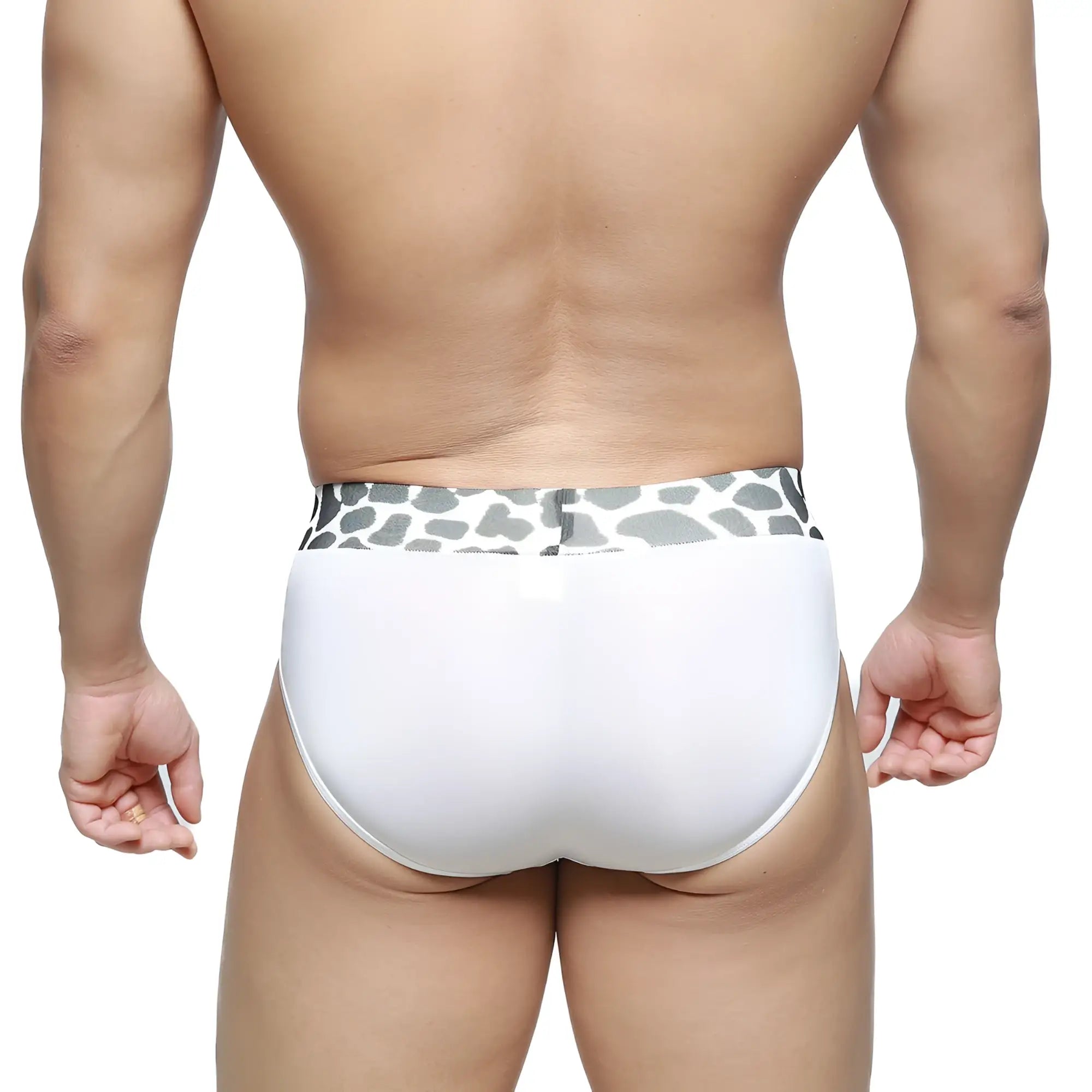 White briefs with gray and white giraffe print waistband from metromalewear sabana brief 5003-54