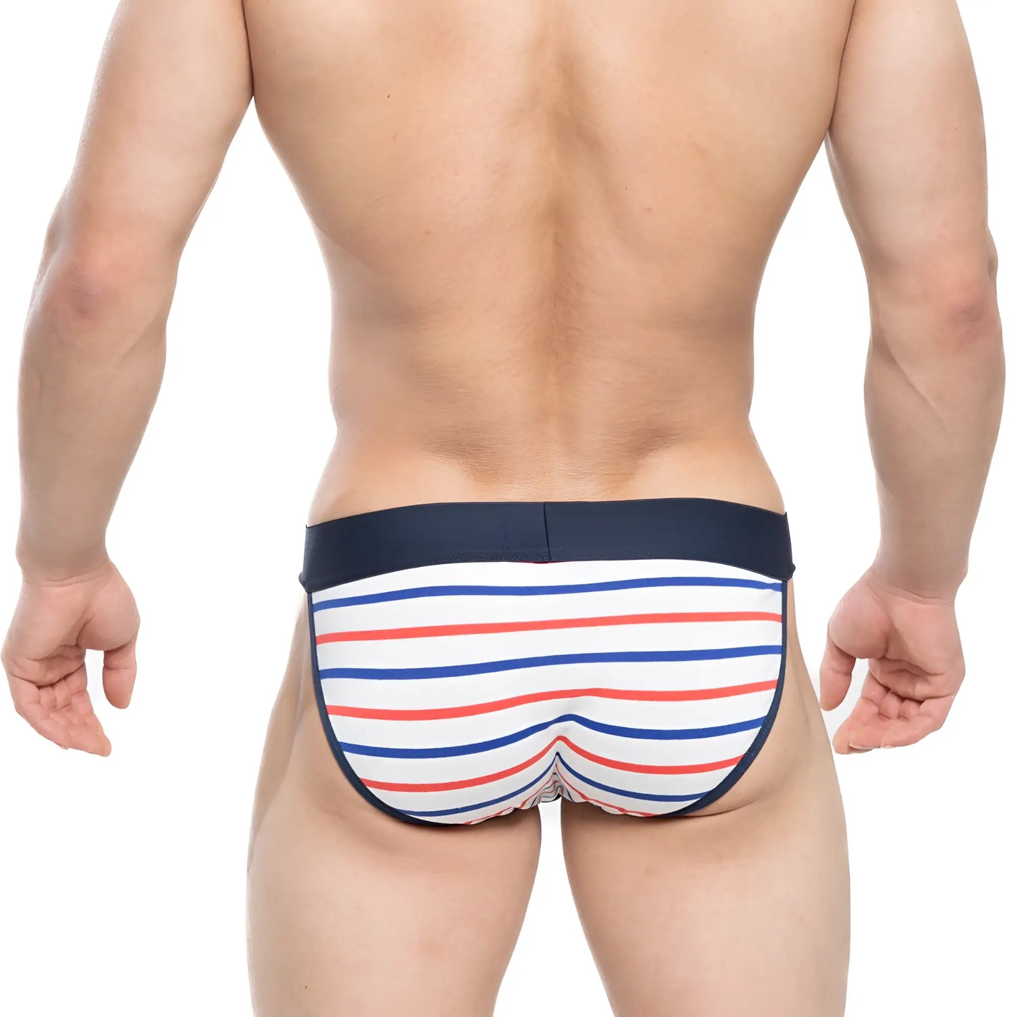 Striped men’s briefs in white red and blue with navy waistband from MetroMaleWear Sailor Stripe Bikini 3004-75
