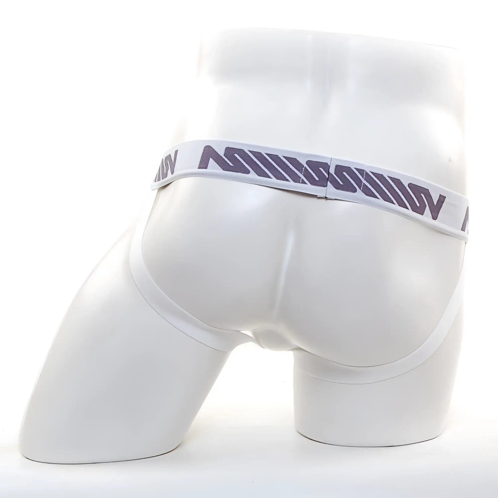 White satin silk jock strap with gray milk logo band from MetroMaleWear in ivory color front side view