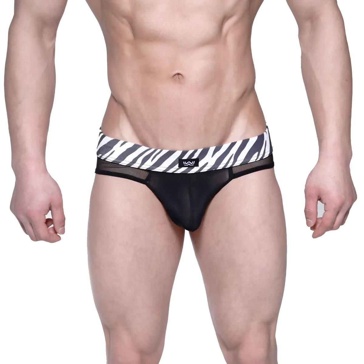 Black mesh briefs with bold black and white zebra-striped waistband and small logo MetroMaleWear Savage Bikini black 6105-50