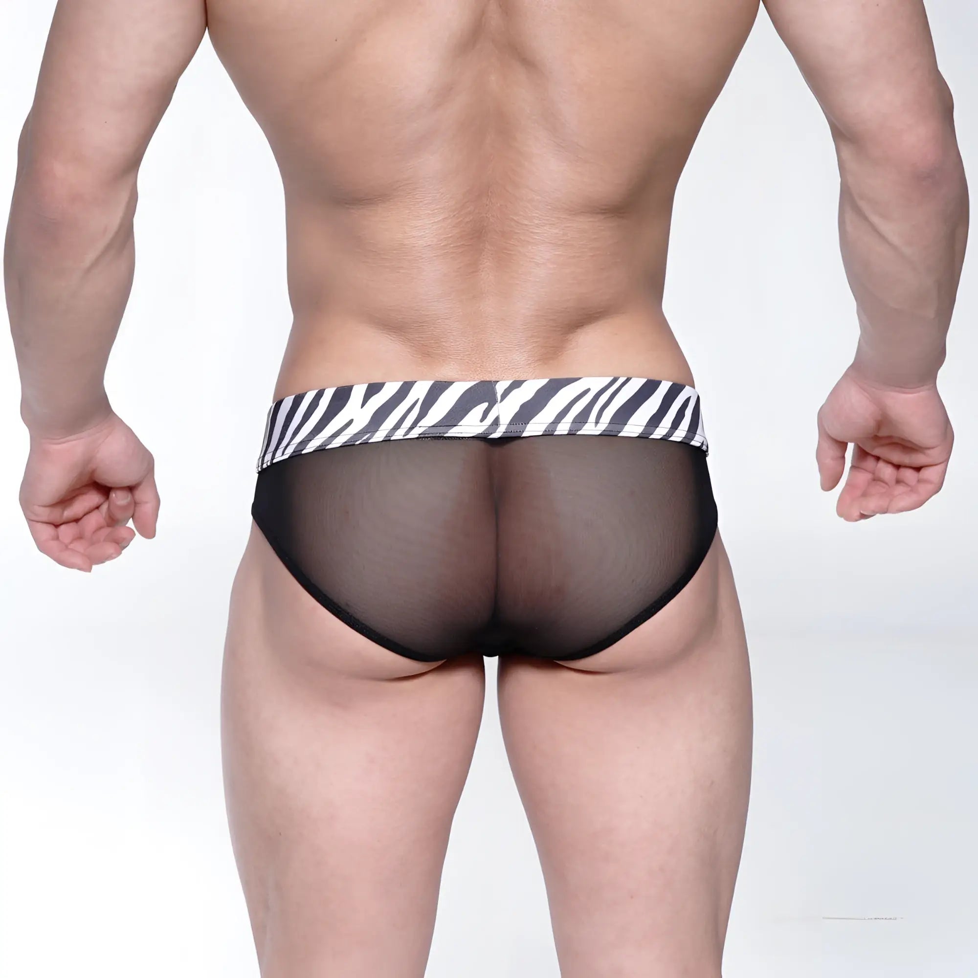 Black mesh briefs with bold black and white zebra-striped waistband MetroMaleWear Savage Bikini Black 6105-50