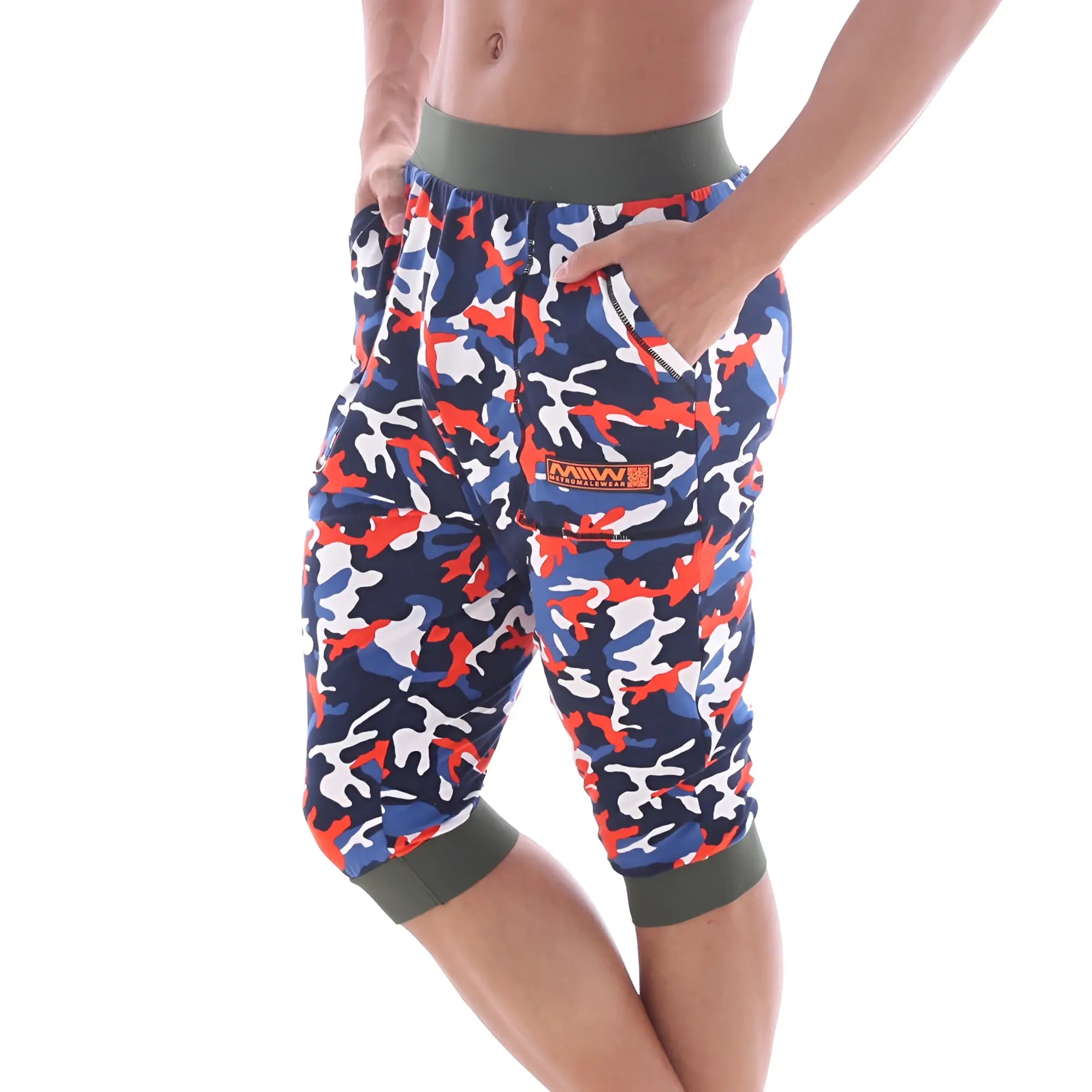 Mens metro malewear scandinavia gym shorts camo navy with navy red white camouflage and olive green waistband and cuffs