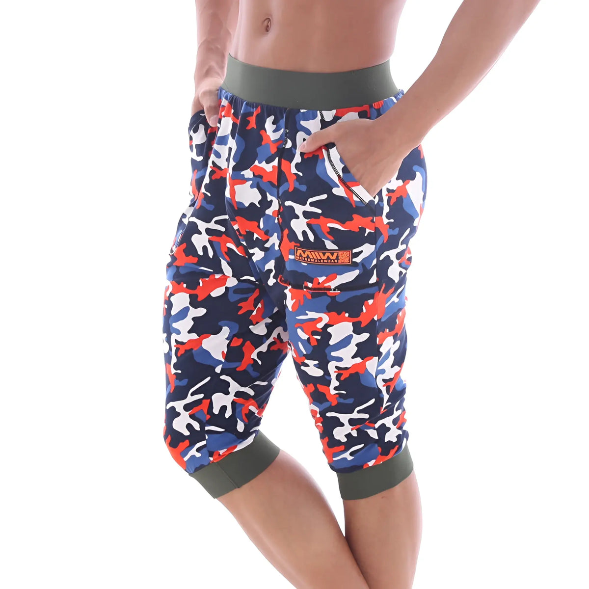 Mens metro malewear scandinavia gym shorts camo navy with navy red white camouflage and olive green waistband and cuffs