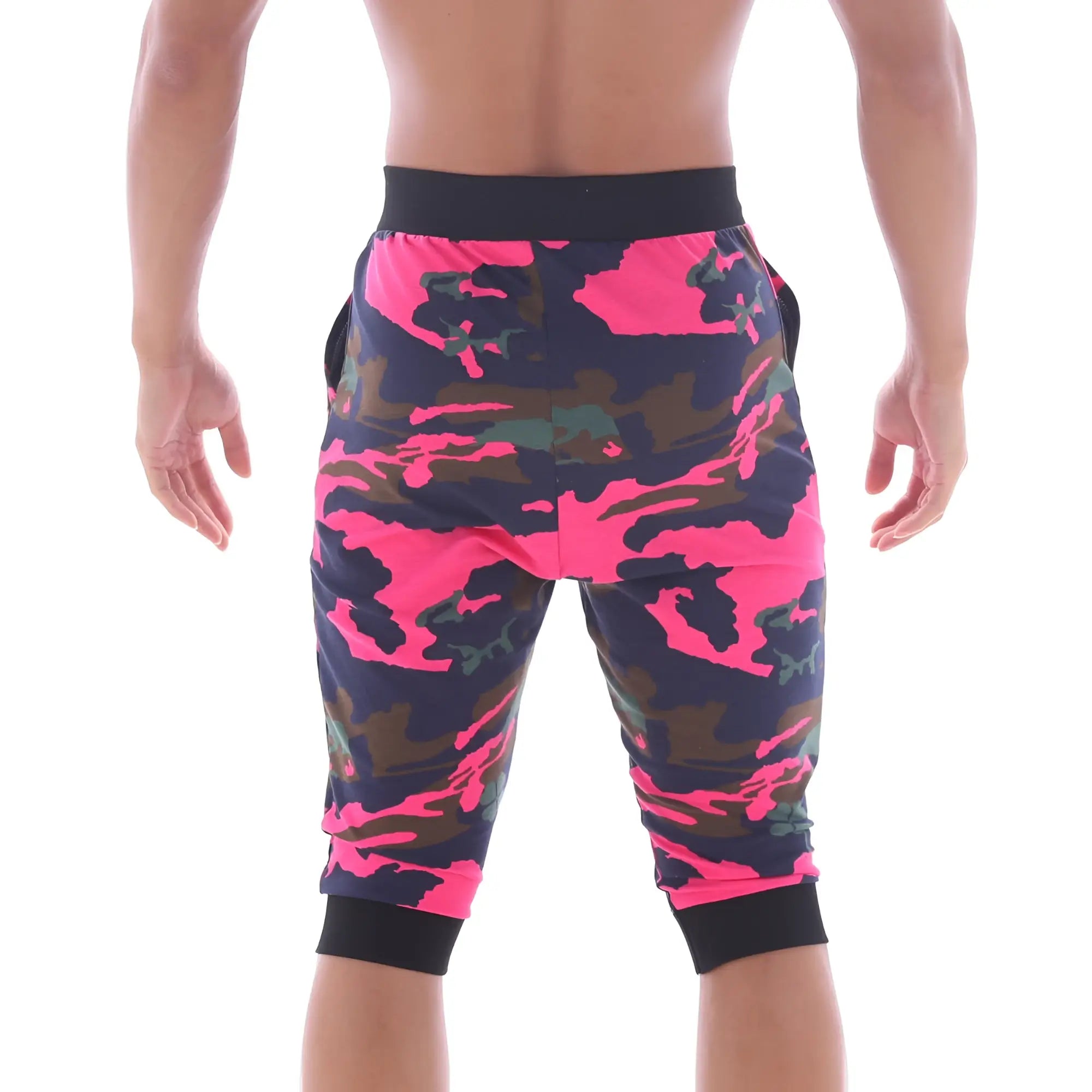 Metro malewear scandinavia gym shorts camo pink bright pink and dark green camouflage capri shorts with black waistband