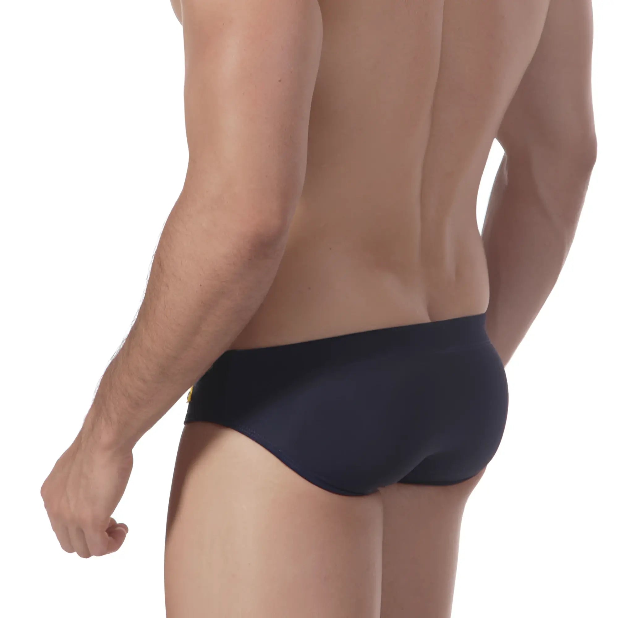 Navy blue metro malewear scottish swim brief 4916-83 with a small gold logo on the left hipband