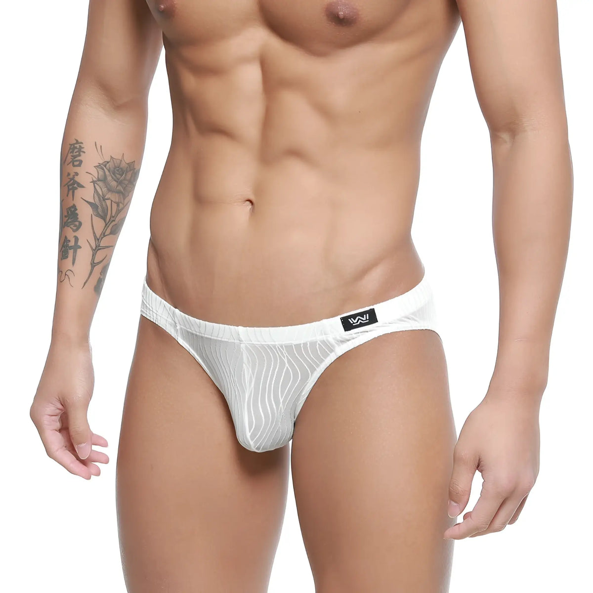 White mesh MetroMaleWear Sedosa Bikini briefs with subtle wavy pattern and black logo on waistband