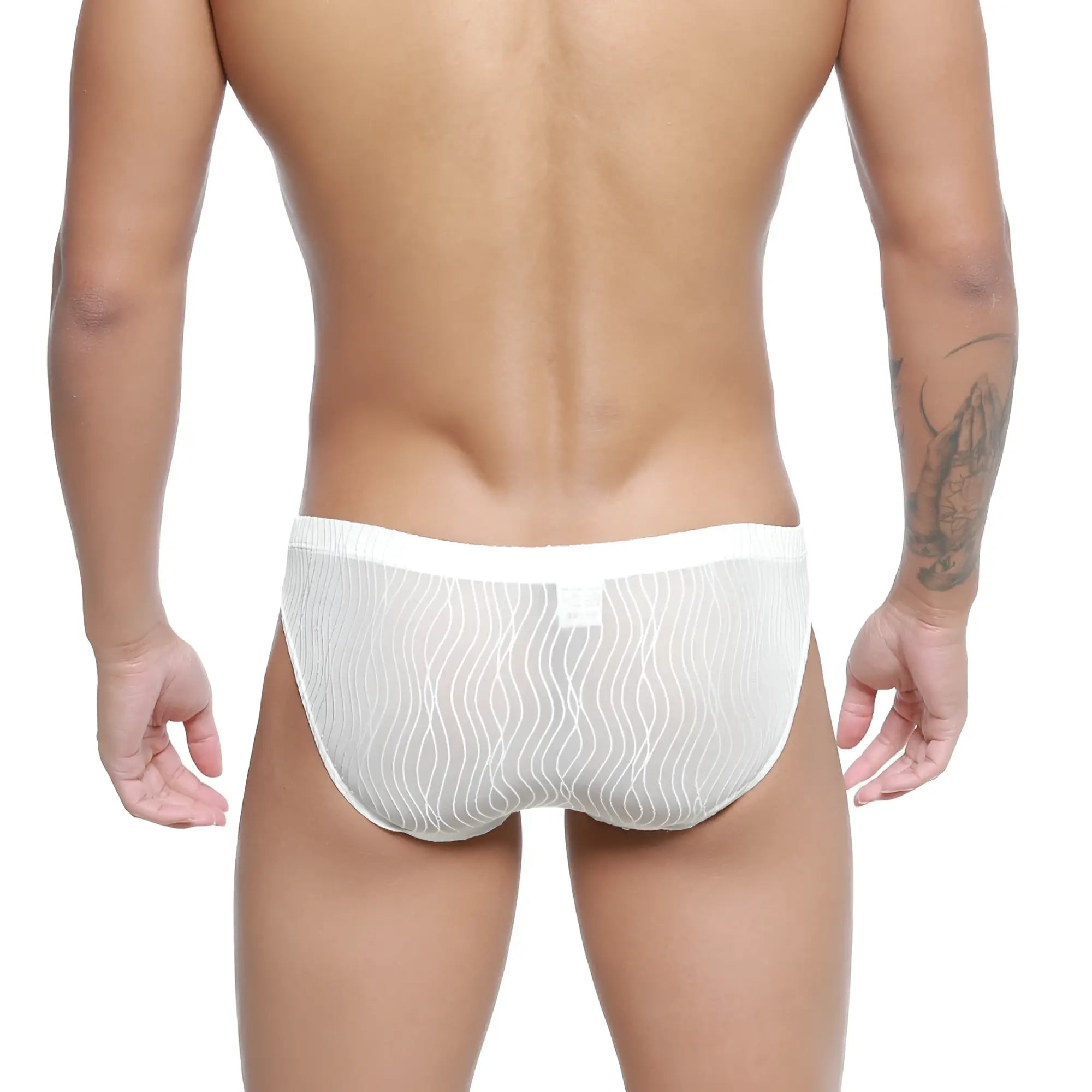 White sheer mesh metroMalewear sedosa bikini briefs with subtle wavy pattern and breathable fabric design