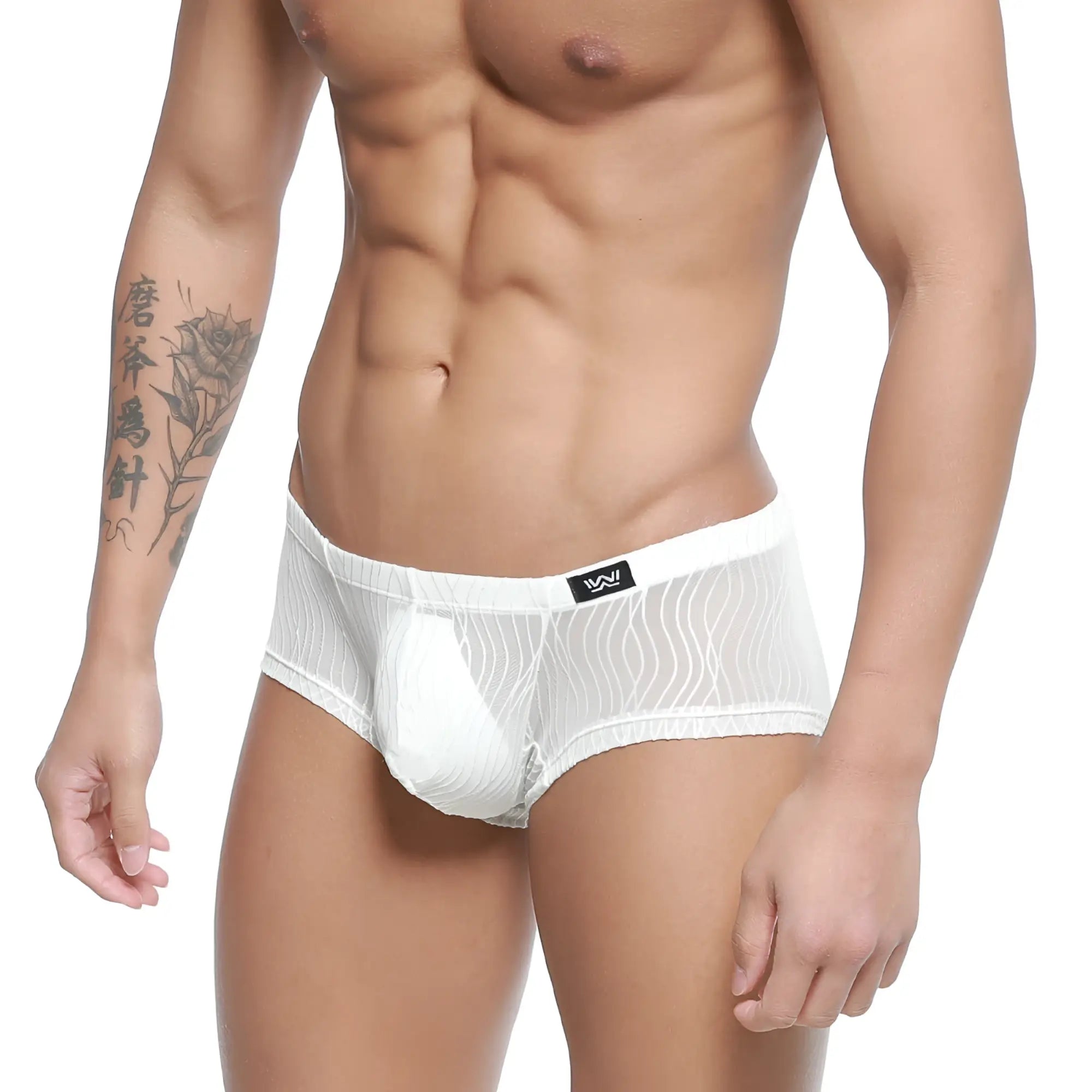 White mesh briefs with solid white pouch and wavy texture featuring black logo tag at waistband metroMalewear Sedosa Trunk 2125-32