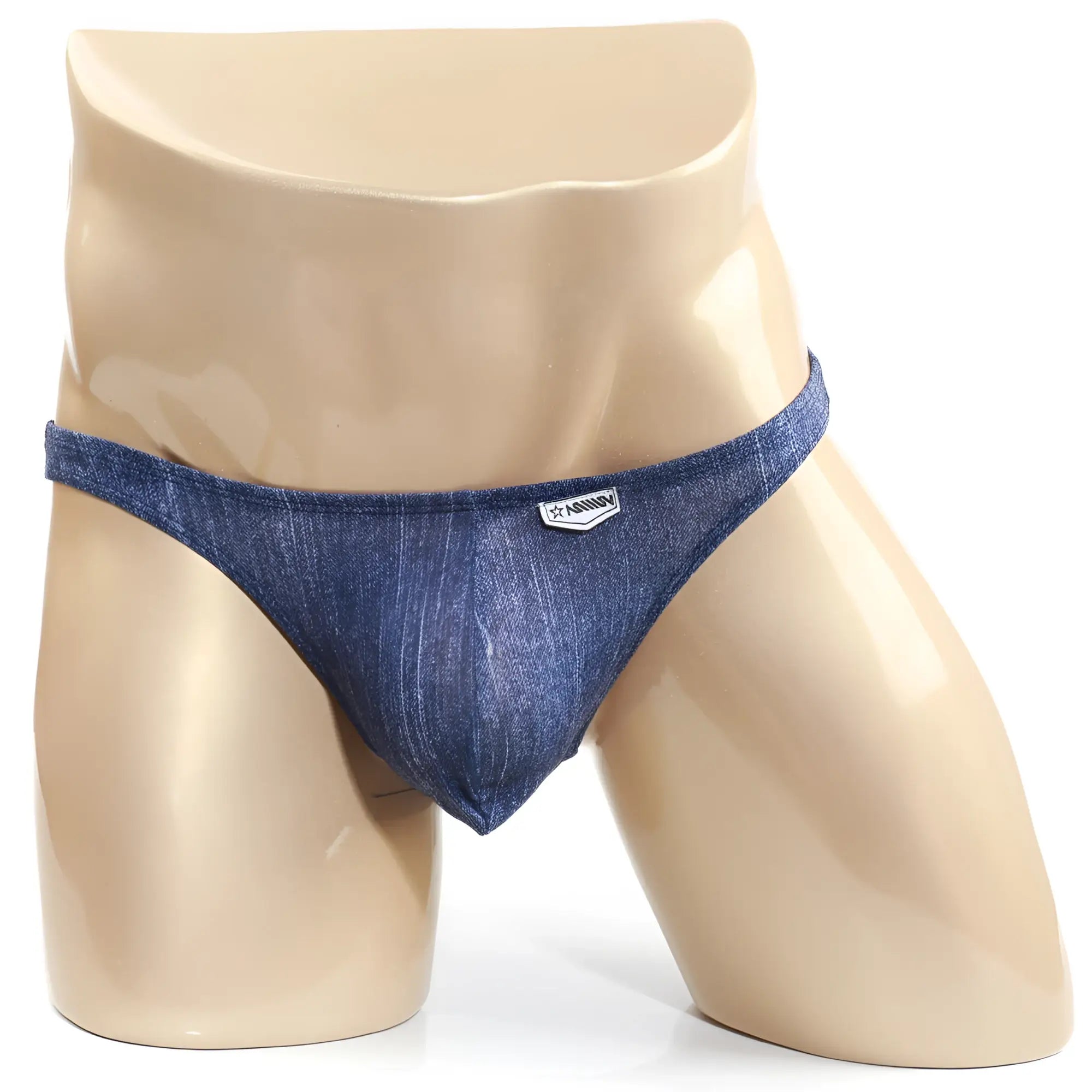 Blue denim thong with small white logo on waistband from MetroMaleWear Seduction Bikini Denim 2004-60 product line