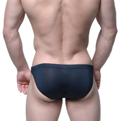 Dark navy blue sheer mesh briefs for men metroMalewear see through swim bikini black 4937-21 front view