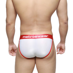 White and red metrowear semi-sheer bikini briefs with a snug form-fitting design by metromalewear