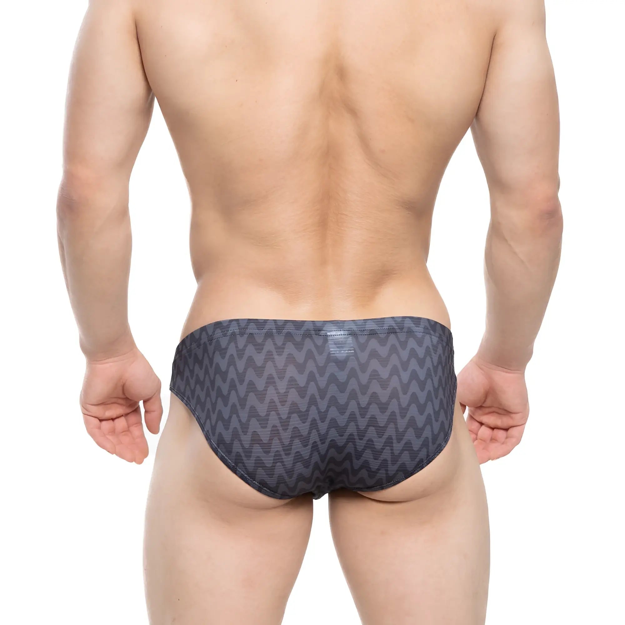 Dark gray swim trunks with bold zigzag pattern from metromalewear senal bikini gray 5103-m45