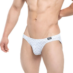 White briefs with subtle gray zigzag pattern and small black logo on waistband from metromalewear senal bikini 5103-m44