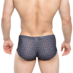 Dark gray swim trunks by MetroMaleWear featuring a bold zigzag pattern perfect for beachwear