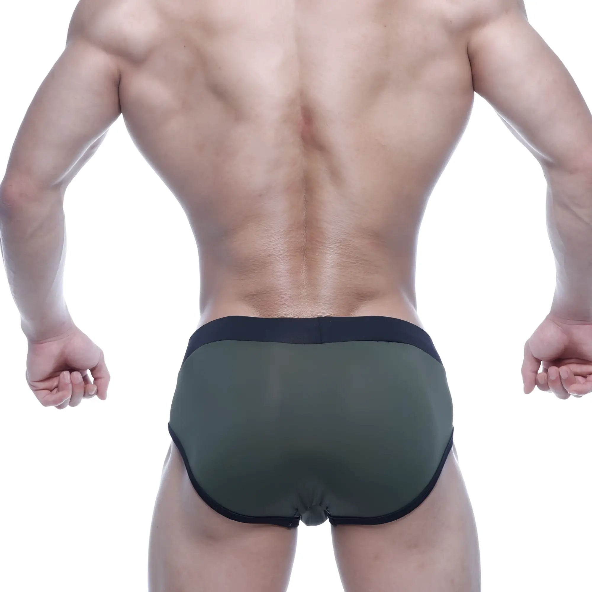 Olive green mesh briefs with black elastic waistband and trim from MetroMaleWear Sencillo Brief 5203-26